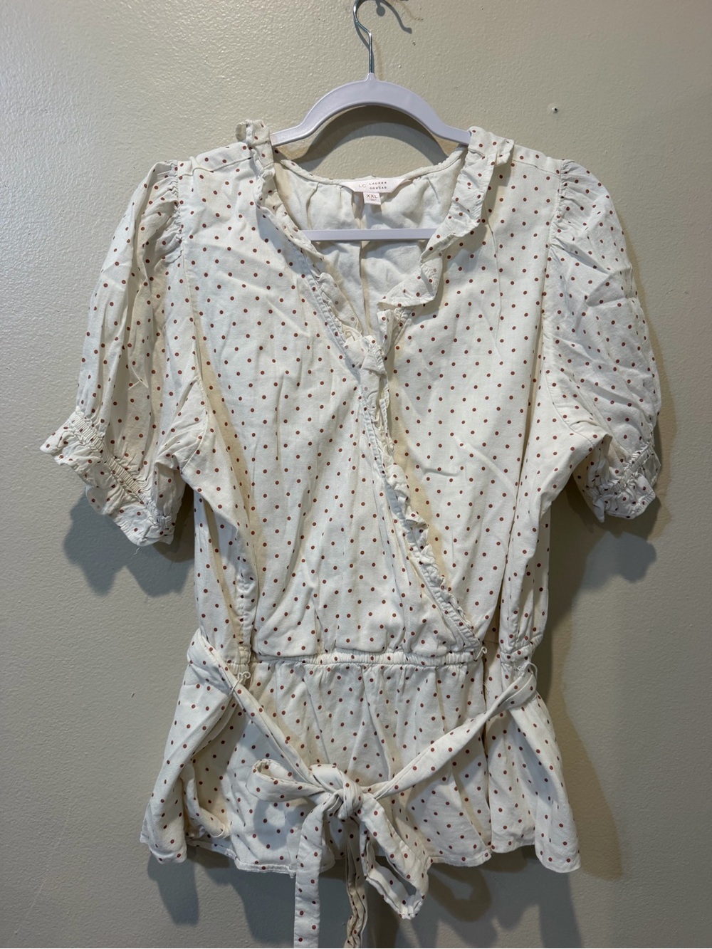 LC Lauren Conrad Cream Wrap Top with Red Polka Dots